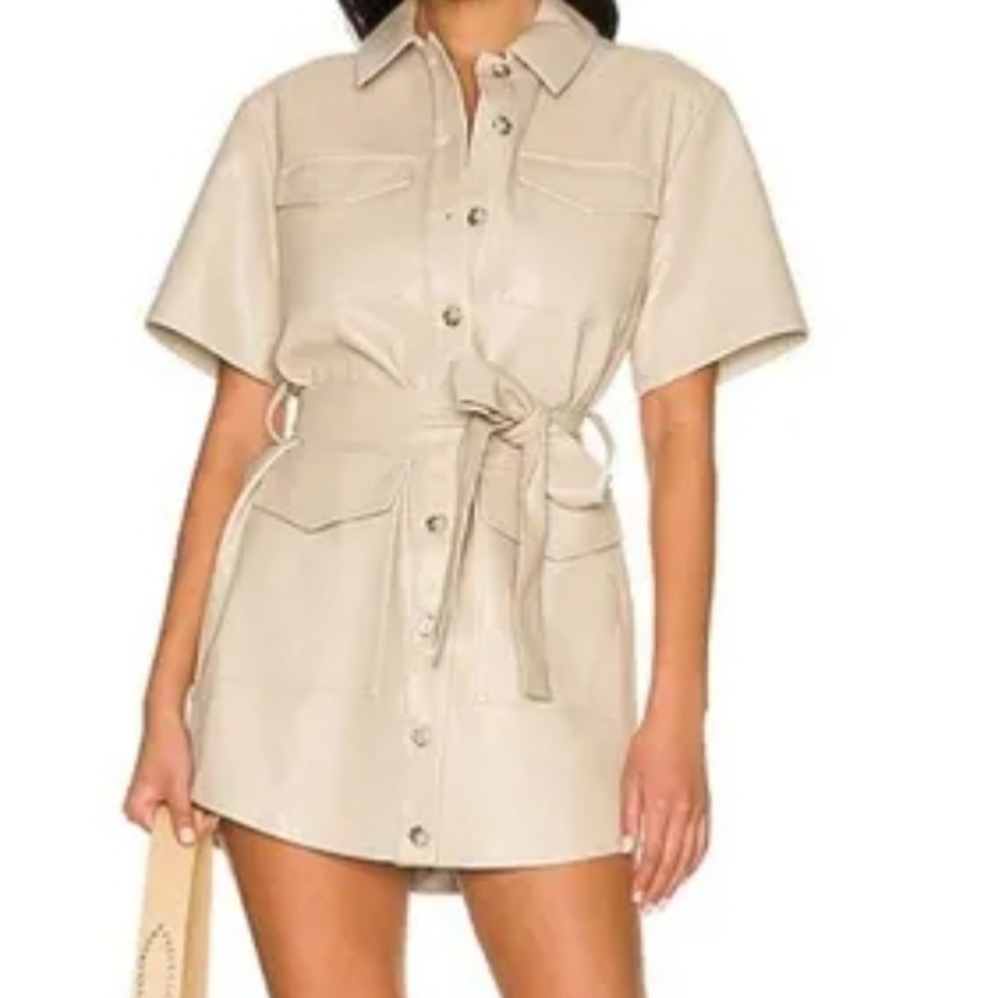 House Of Harlow | Soft Faux Leather Mini Belted Tan Dress Medium
